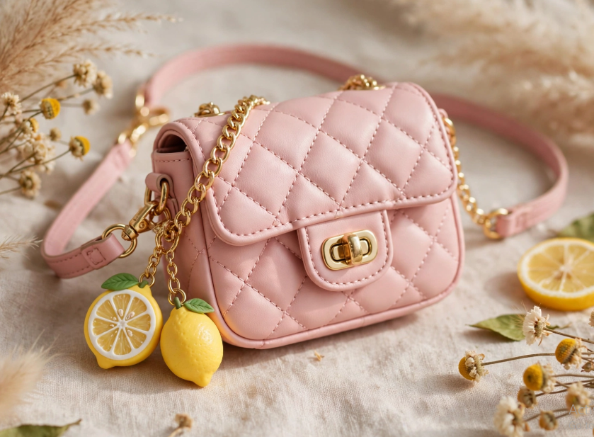 DIY clay bag charms featuring handmade yellow lemon and lemon slice charms with green leaves attached to a quilted pink shoulder bag.