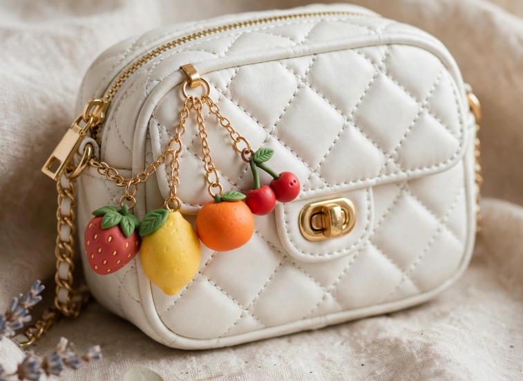 DIY clay bag charms featuring a cluster of handmade miniature fruit charms including a strawberry, lemon, orange, and cherries attached to a quilted white shoulder bag