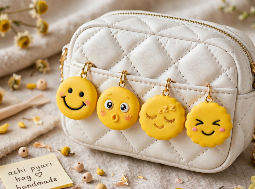 DIY clay bag charms featuring a line-up of cute handmade yellow emoji-style expression charms attached to a quilted white shoulder bag.