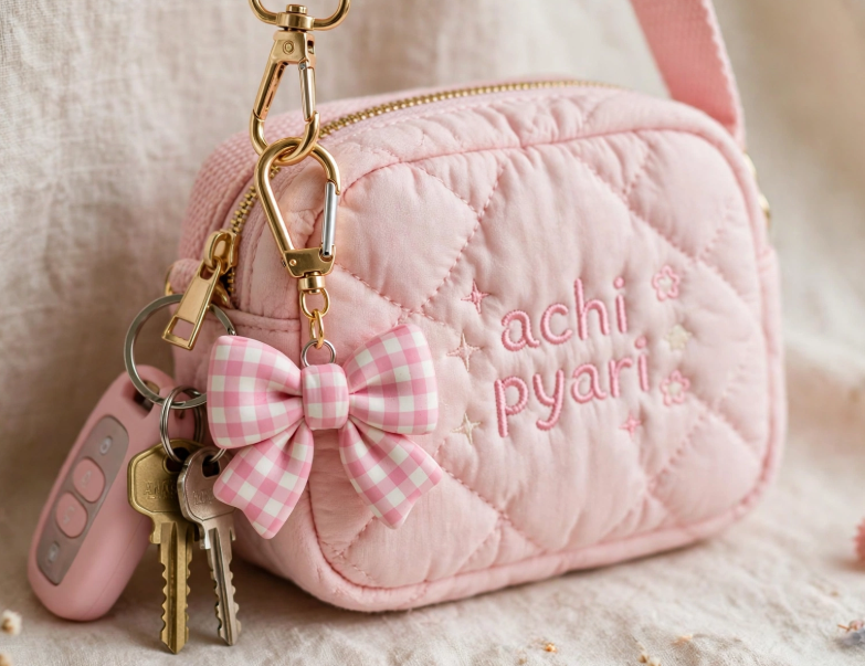 DIY clay bag charms featuring a pink and white gingham bow attached to a quilted pink shoulder bag embroidered with the text "achi pyari".