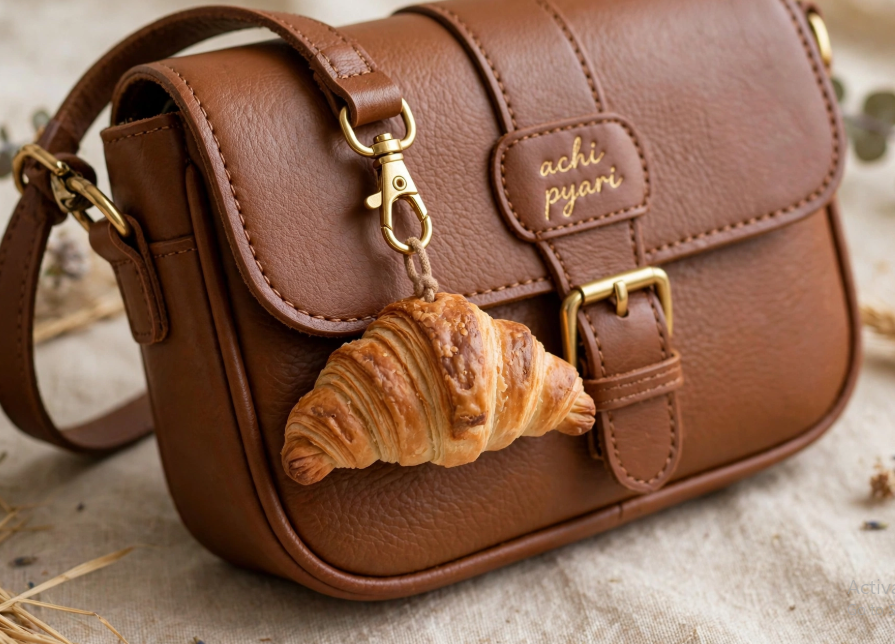 DIY clay bag charms featuring a realistic handmade croissant charm attached to a brown leather crossbody bag labeled "achi pyari".