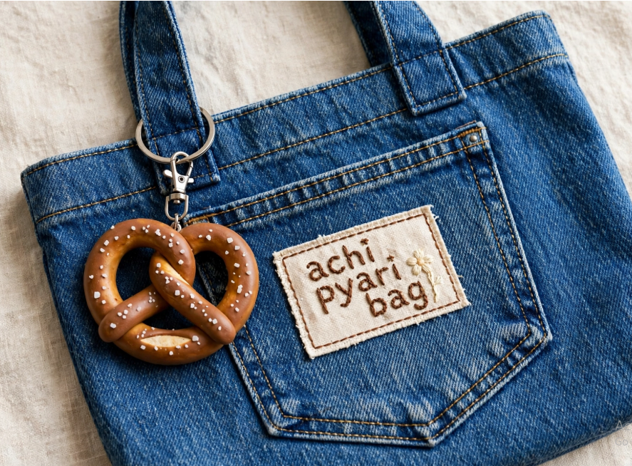 DIY clay bag charms featuring a salted pretzel charm attached to a blue denim tote bag with an "achi pyari bag" patch.