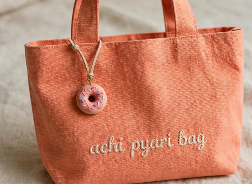 DIY clay bag charms featuring a frosted pink donut with colorful sprinkles attached to an orange canvas tote bag embroidered with "achi pyari bag".