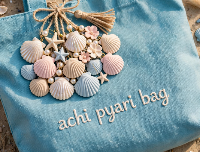 DIY clay bag charms featuring an assortment of pastel seashells, starfish, and floral charms hanging from a jute string tassel attached to a blue canvas tote bag embroidered with "achi pyari bag".