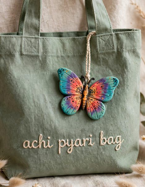 DIY clay bag charms featuring a large, colorful butterfly charm attached to a sage green canvas tote bag embroidered with "achi pyari bag".