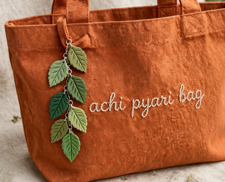 DIY clay bag charms featuring a cascading chain of green leaf charms in various shades attached to an orange canvas tote bag embroidered with "achi pyari bag".