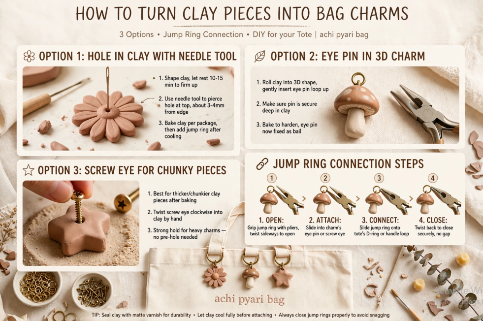 DIY clay bag charms tutorial graphic detailing three connection options and jump ring steps for attaching handmade charms to an "achi pyari bag".