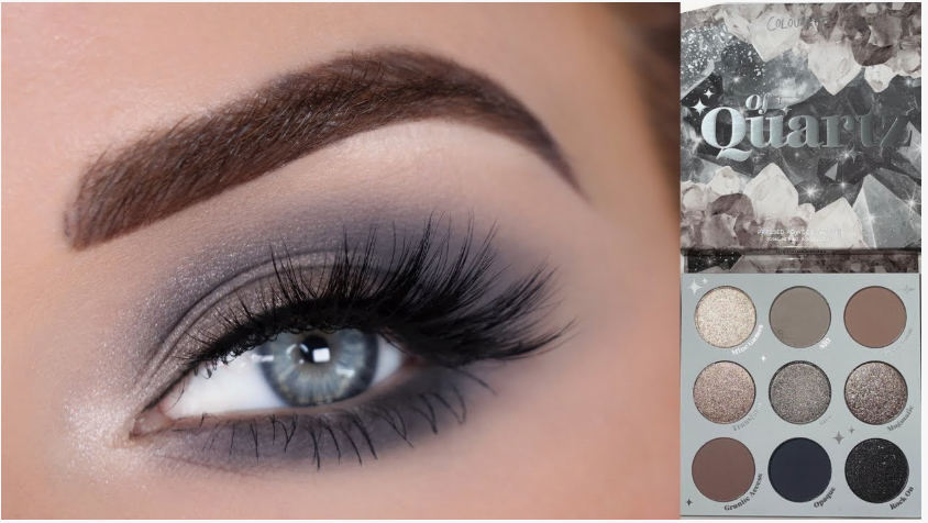 Smokey gray eyeshadow look paired with a matching crystal-themed makeup palette as a highlight of Fall 2026 Beauty Trends.