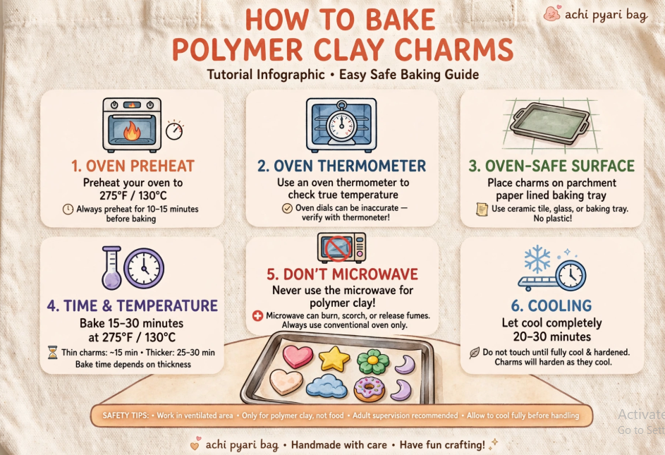 DIY clay bag charms tutorial infographic illustrating six key steps for safely baking polymer clay charms, including preheating, oven thermometer use, baking trays, timing, avoiding the microwave, and cooling