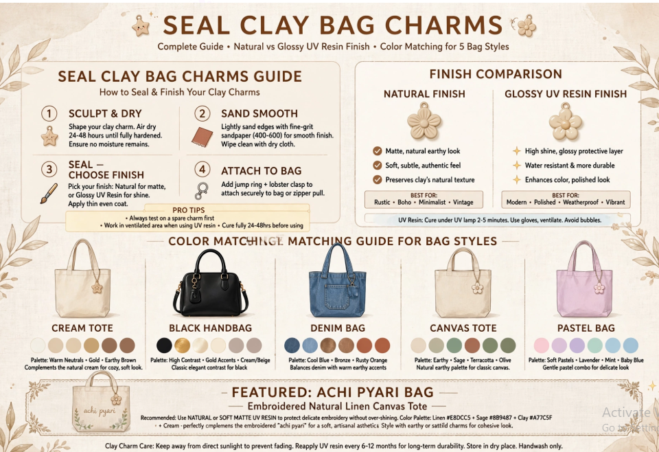 DIY clay bag charms guide infographic covering sealing steps, natural versus glossy UV resin finish comparisons, color-matching palettes for five bag styles, and recommendations for the "achi pyari bag".