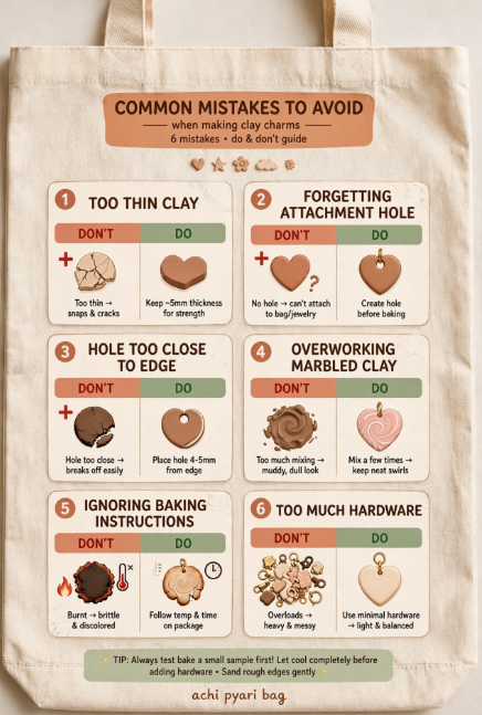 DIY clay bag charms infographic highlighting six common mistakes to avoid, including making clay too thin, forgetting attachment holes, placing holes too close to the edge, overworking marbled clay, ignoring baking instructions, and using too much hardware on an "achi pyari bag".