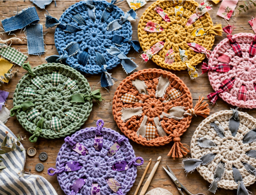 A collection of colorful, round crocheted mats embellished with tied fabric and ribbon scraps, displayed among 15 Crochet Upcycle Ideas.