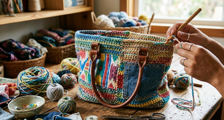 A person’s hands crocheting the rim of a handmade, colorful tote bag made from scrap yarn and upcycled fabric patches, including a denim pocket. The bag features repurposed brown leather handles and sits on a rustic wooden craft table surrounded by balls of yarn, fabric remnants, and vintage scissors.   