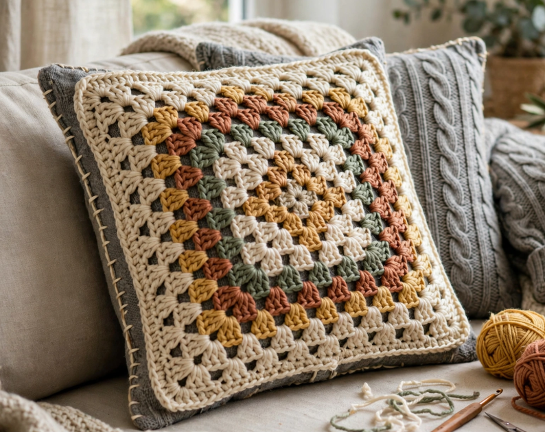 A square throw pillow featuring a large, colorful granny square crochet panel stitched onto a gray textured fabric cover, propped on a cozy couch alongside yarn and craft tools.   
