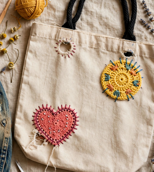 Visible mending on a cream fabric tote bag with black rope handles, repaired using a pink crochet heart patch, a round yellow crochet medallion, and decorative embroidery stitches over frayed fabric cutouts.   