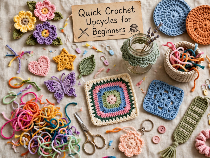 A flat lay display of various beginner-friendly crochet projects, yarn scraps, and a sign reading "Quick Crochet Upcycles for Beginners," featured in a guide on 15 Crochet Upcycle Ideas.