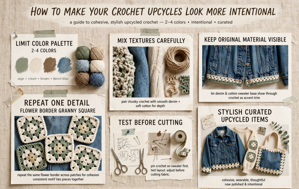 An infographic moodboard titled "How to Make Your Crochet Upcycles Look More Intentional," offering tips on color palettes, textures, motif repetition, and planning using denim and knitwear examples.   
