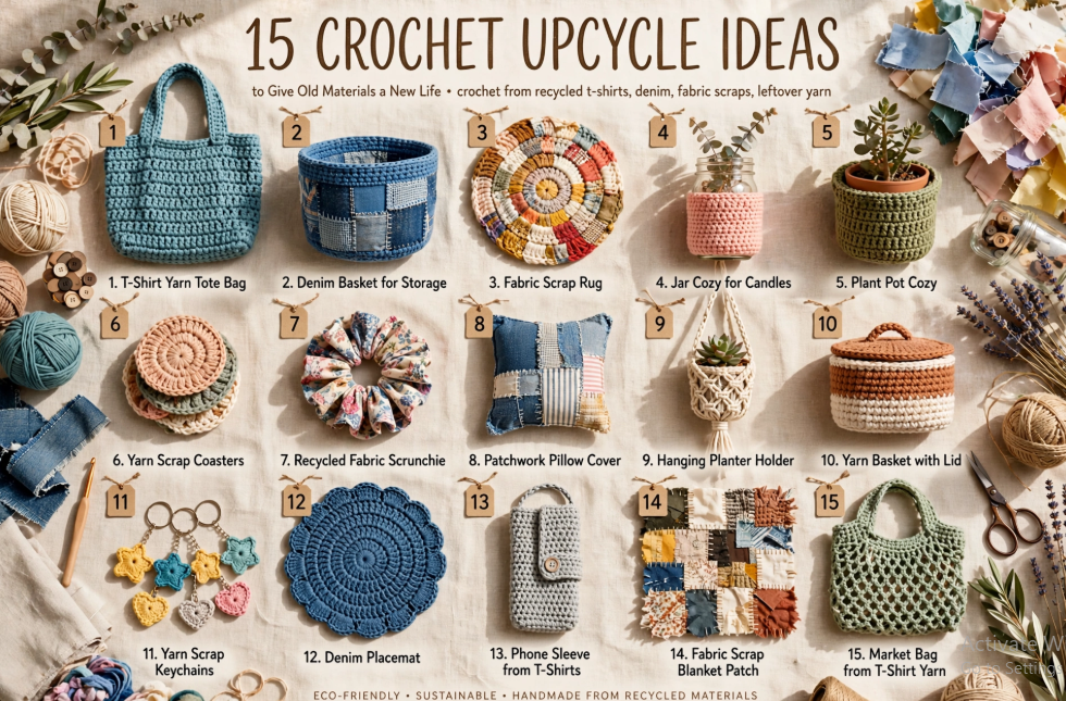 Sustainable DIY craft ideas showcasing 15 crochet upcycling projects made from scrap fabric, t-shirt yarn, and denim, including baskets, bags, coasters, and plant cozies.   