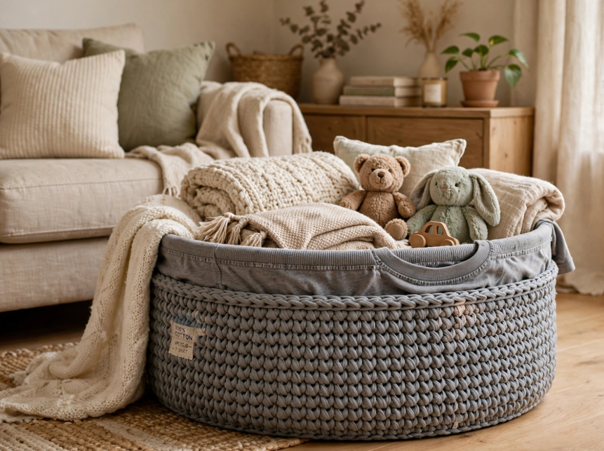 A flat lay display of various beginner-friendly crochet projects, yarn scraps, and a sign reading "Quick Crochet Upcycles for Beginners," featured in a guide on 15 Crochet Upcycle Ideas.