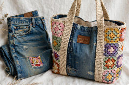 A denim tote bag crafted with colorful granny square panels and beige crochet handles, placed next to a pair of matching upcycled jeans, featured in 15 Crochet Upcycle Ideas.