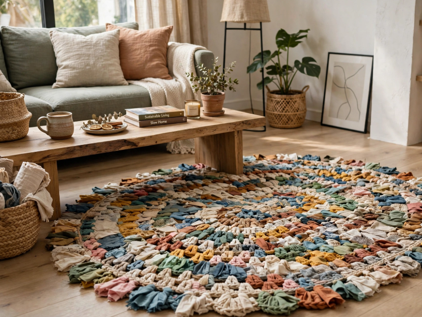 A cozy, round rag rug made from upcycled multicolored fabric scraps placed in a well-lit living room, featured in 15 Crochet Upcycle Ideas.
