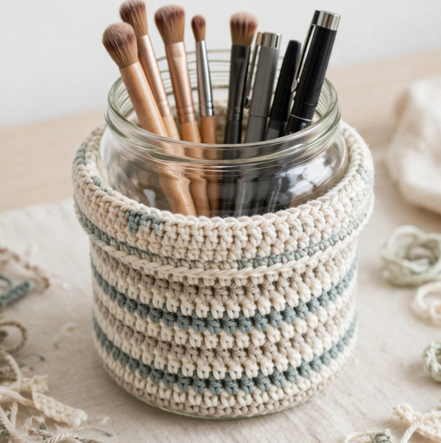 A glass jar covered in a striped crocheted cozy and used as a holder for makeup brushes and pens, featured in 15 Crochet Upcycle Ideas.