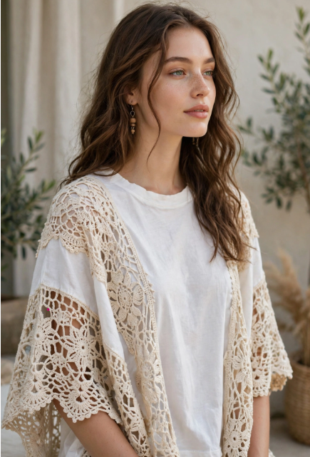 A woman wearing a white t-shirt enhanced with intricate beige crochet lace panels and sleeves, featured in a collection of 15 Crochet Upcycle Ideas.