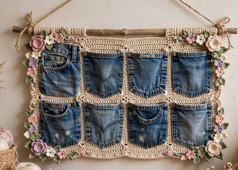 Upcycled DIY craft ideas featuring a wall-hanging organizer made of crocheted cream yarn and repurposed denim pockets, decorated with pastel crochet flowers and suspended from a wooden branch.   