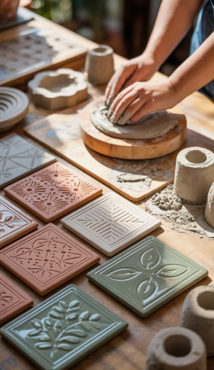 A person working with clay on a workshop table surrounded by finished patterned tiles and pots, showcasing creative air dry clay ideas for handmade home accessories.