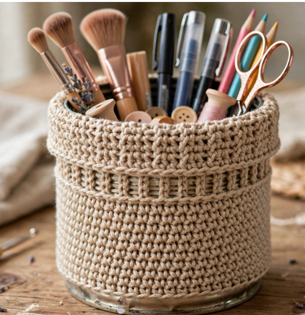 A cylindrical container covered in a textured beige crocheted cozy and filled with makeup brushes, pens, and scissors, highlighted in 15 Crochet Upcycle Ideas.