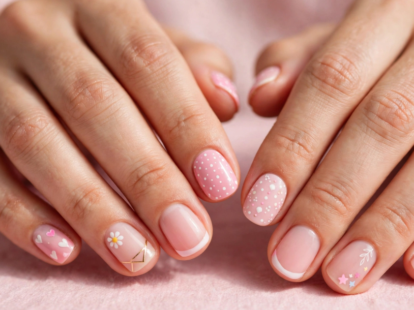 Simple pink nail art for beginners featuring polka dots, tiny hearts, delicate daisies, and classic French tips on short nails.