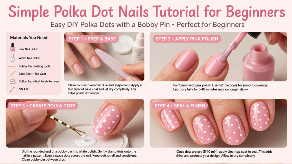 Step-by-step simple polka dot nail art for beginners tutorial showing prep, applying pink polish, using a bobby pin for dots, and sealing with top coat.