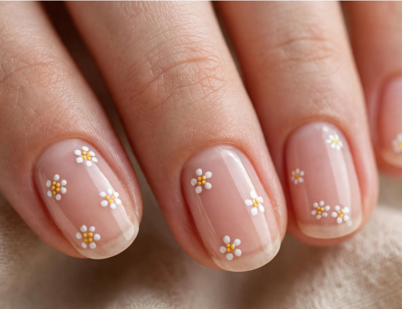 Minimalist floral nail art for beginners featuring delicate white and yellow daisy dots on glossy nude short nails.