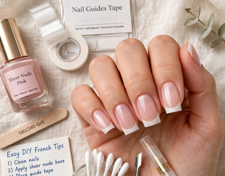 DIY French manicure nail art for beginners using nail guide tape, sheer nude pink polish, and clean white tips on square nails.