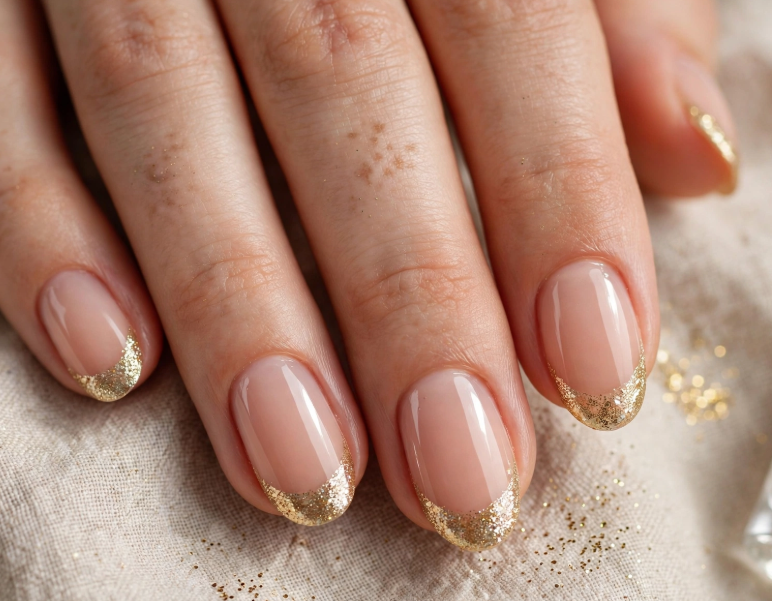 Sparkling gold glitter French tips nail art for beginners on glossy nude oval nails.