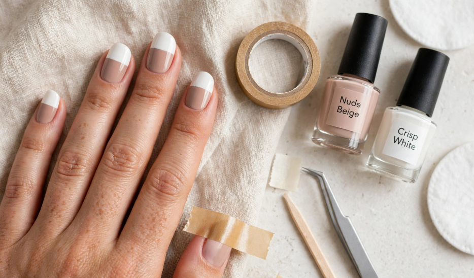 Easy two-tone nude and white block nail art for beginners using tape, nude beige polish, and crisp white polish.   
