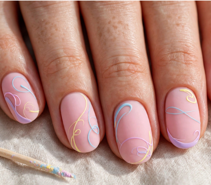 Matte pastel swirl nail art for beginners featuring fine curved lines in blue, yellow, and lavender over a soft pink base.   