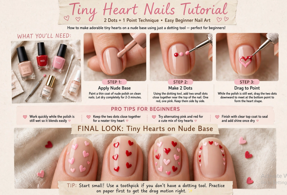 Step-by-step tiny heart nail art for beginners tutorial showing dotting tool steps to create pink and red hearts on nude nails.   