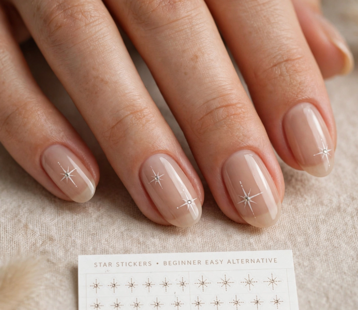 Minimalist celestial nail art for beginners using silver starburst stickers over sheer nude glossy nails.   