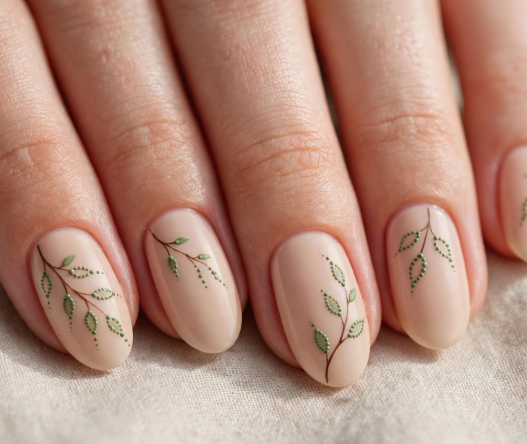Minimalist botanical nail art for beginners featuring delicate green leaves and vine branches on nude beige oval nails.   