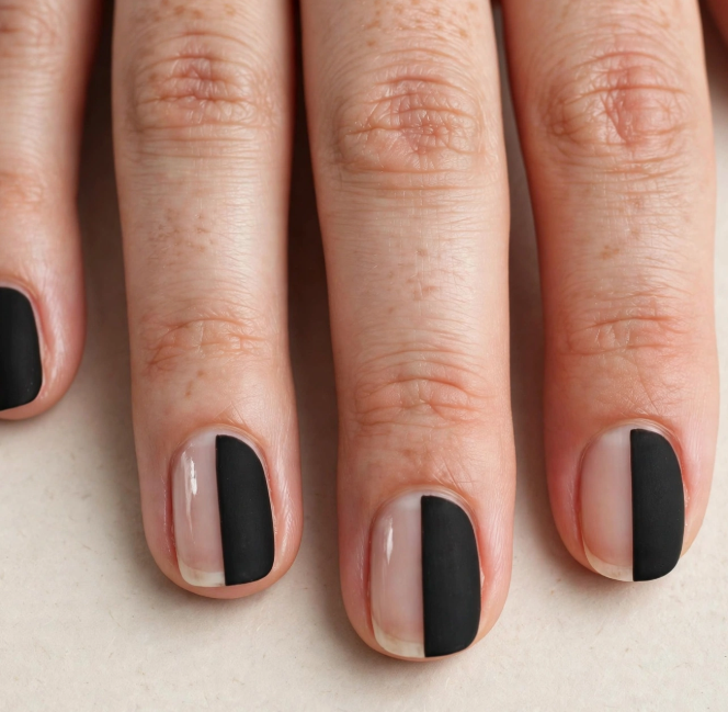Minimalist half-and-half black color block nail art for beginners on clean sheer nude short nails.   