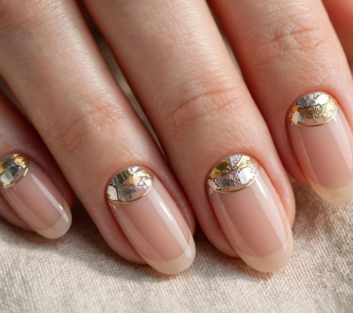 Elegant reverse French half-moon nail art for beginners featuring gold and silver foil cuticle accents on glossy nude oval nails.   