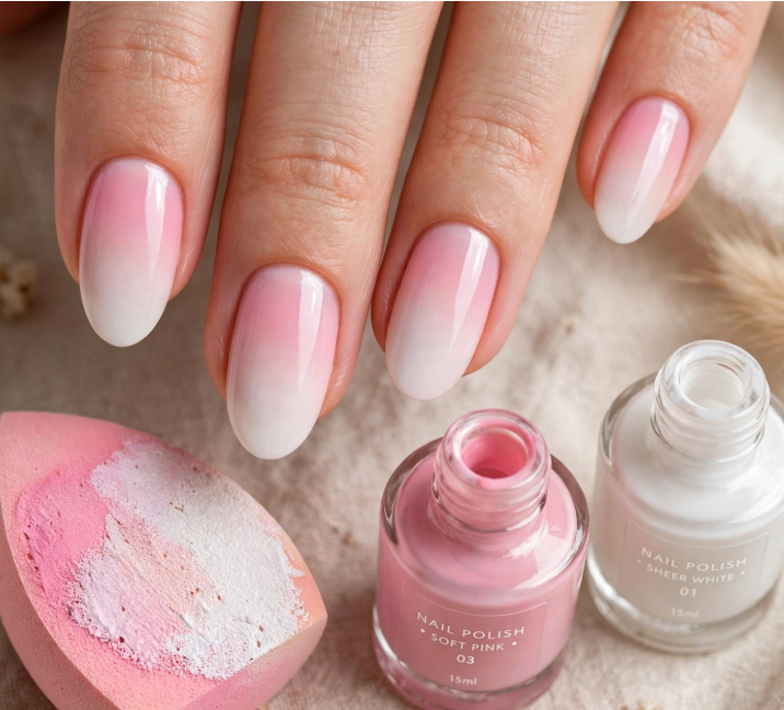 Baby boomer ombré nail art for beginners using a makeup sponge, soft pink polish, and sheer white polish on oval nails.   