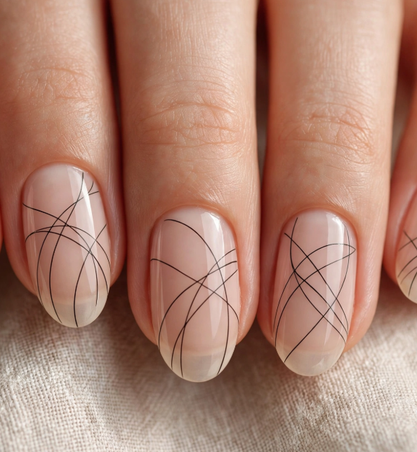 Minimalist abstract line nail art for beginners featuring fine black intersecting arcs on glossy sheer nude oval nails.   