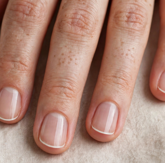 Minimalist micro French tip nail art for beginners featuring ultra-thin white lines on glossy natural nude short nails.   