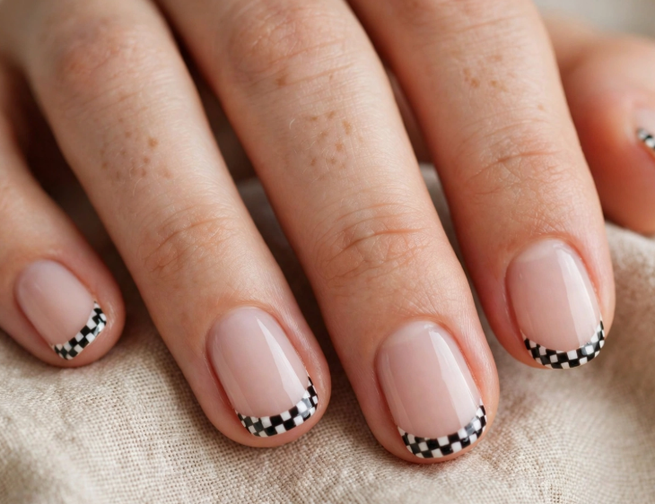 Black and white checkerboard French tip nail art for beginners on clean sheer nude short nails.   