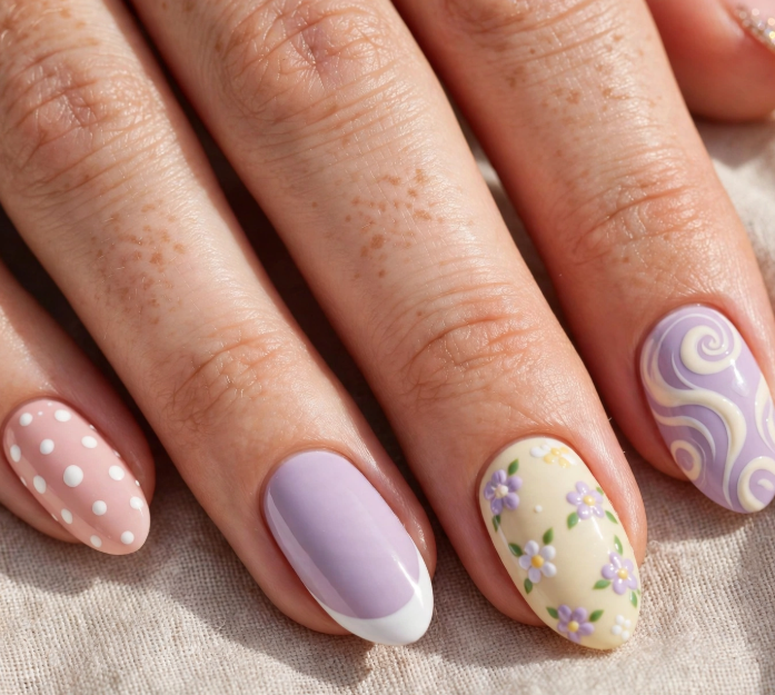 Pastel mix-and-match nail art for beginners featuring pink polka dots, lavender French tips, yellow floral art, and purple swirls on oval nails.   