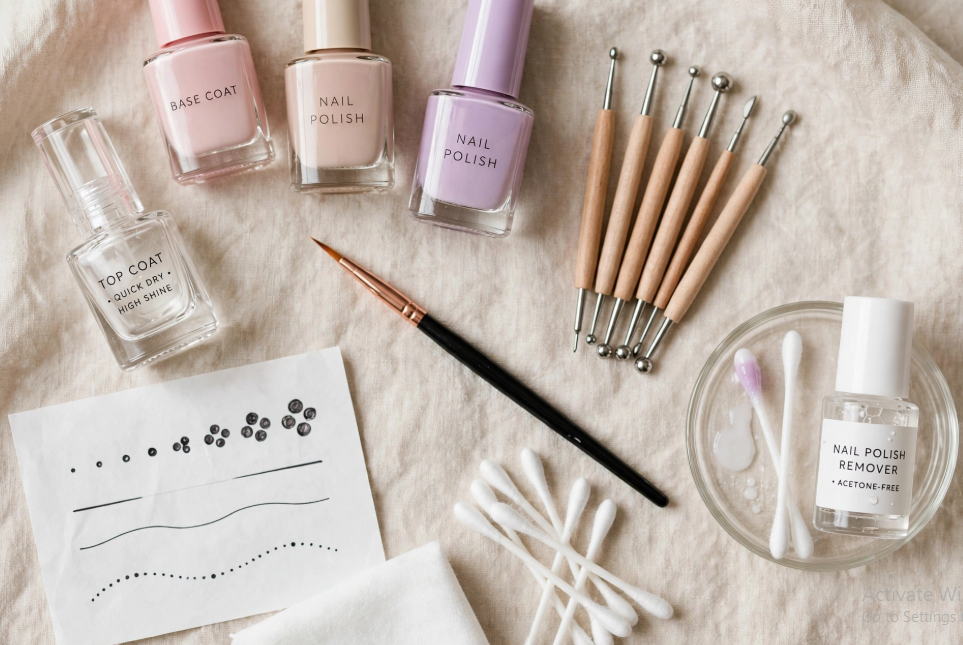 Essential nail art for beginners toolkit flat lay with dotting tools, fine liner brush, pastel polishes, top coat, and practice paper sheet.   