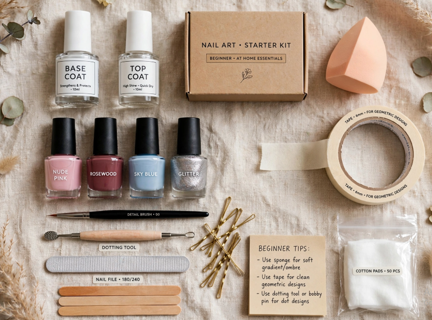 DIY nail art for beginners starter kit flat lay with polish bottles, base coat, dotting tool, detail brush, nail file, bobby pins, sponge, and striping tape.   