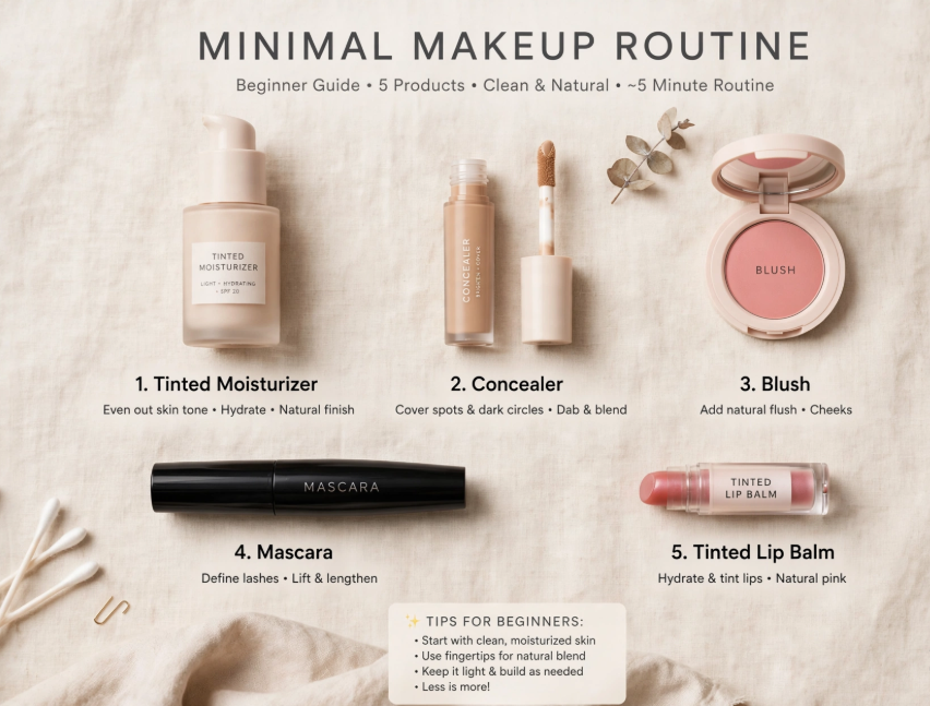 Minimal makeup routine with only 5 products featuring tinted moisturizer, concealer, compact blush, black mascara, and tinted lip balm flat lay guide.